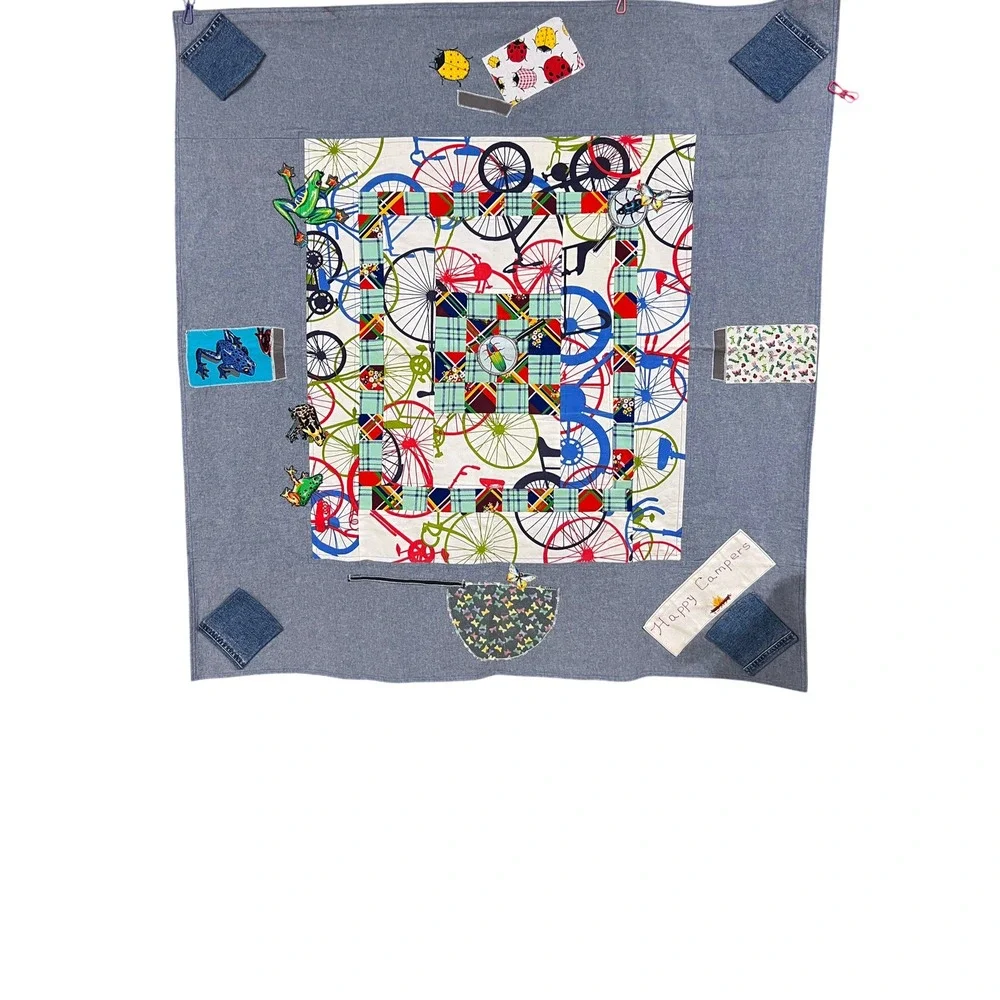 Handmade Happy Campers Quilt 46x50 Bicycle Frog Denim Patchwork Kids Quilt